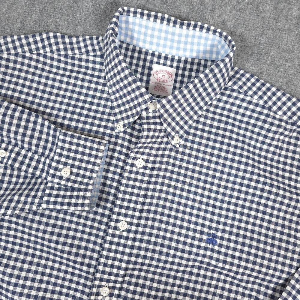 Brooks Brothers Button Down Shirt Mens XL Navy Gingham Non-Iron Cotton OCBD